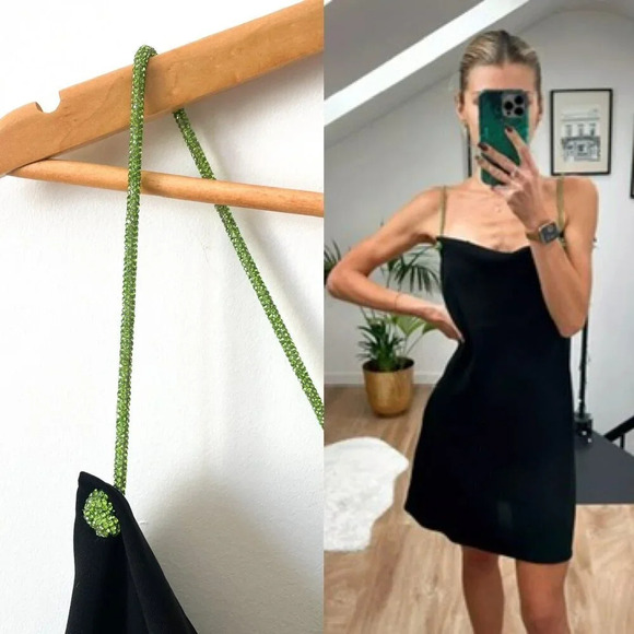 Zara Black Cowl Neck Mini Dress w/  Green Diamante Rhinestone Straps Sz Small - Picture 1 of 16